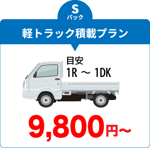 Sパック、軽トラック積載プラン、目安：1R～1DK、料金9,800円から