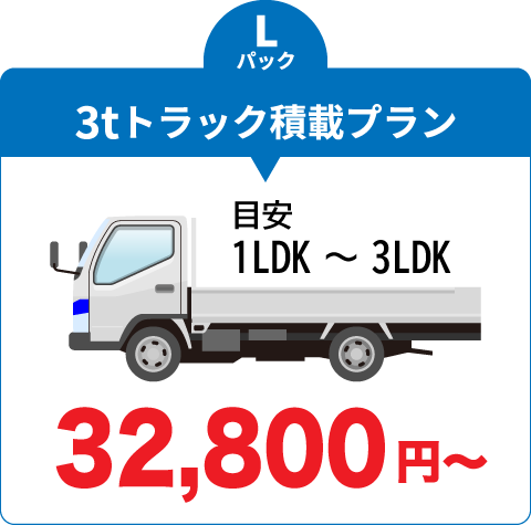 引越・保管・オフィス移転料金、Lパック、3tトラック積載プラン、目安：1LDK～3LDK、料金32,800円から